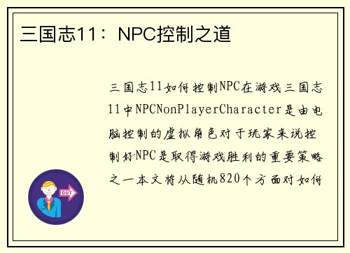 三国志11：NPC控制之道