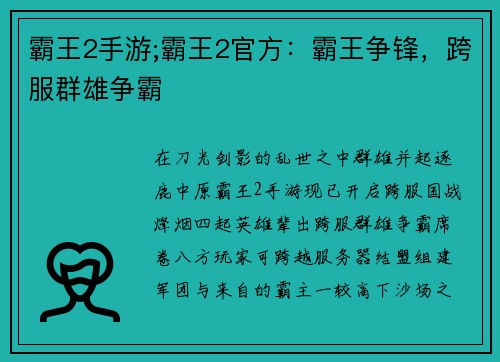 霸王2手游;霸王2官方：霸王争锋，跨服群雄争霸